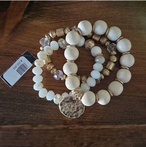Elegant Gold and Cream Beaded Bracelet Set